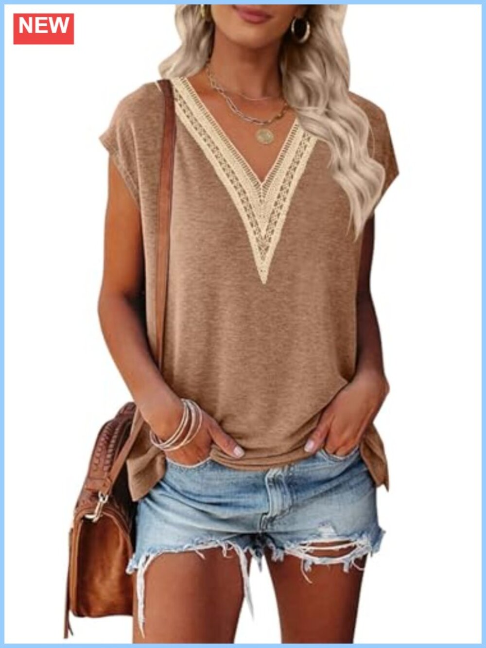 Women's Summer Boho Lace Trim V Neck Cap Sleeve Tunic Top
